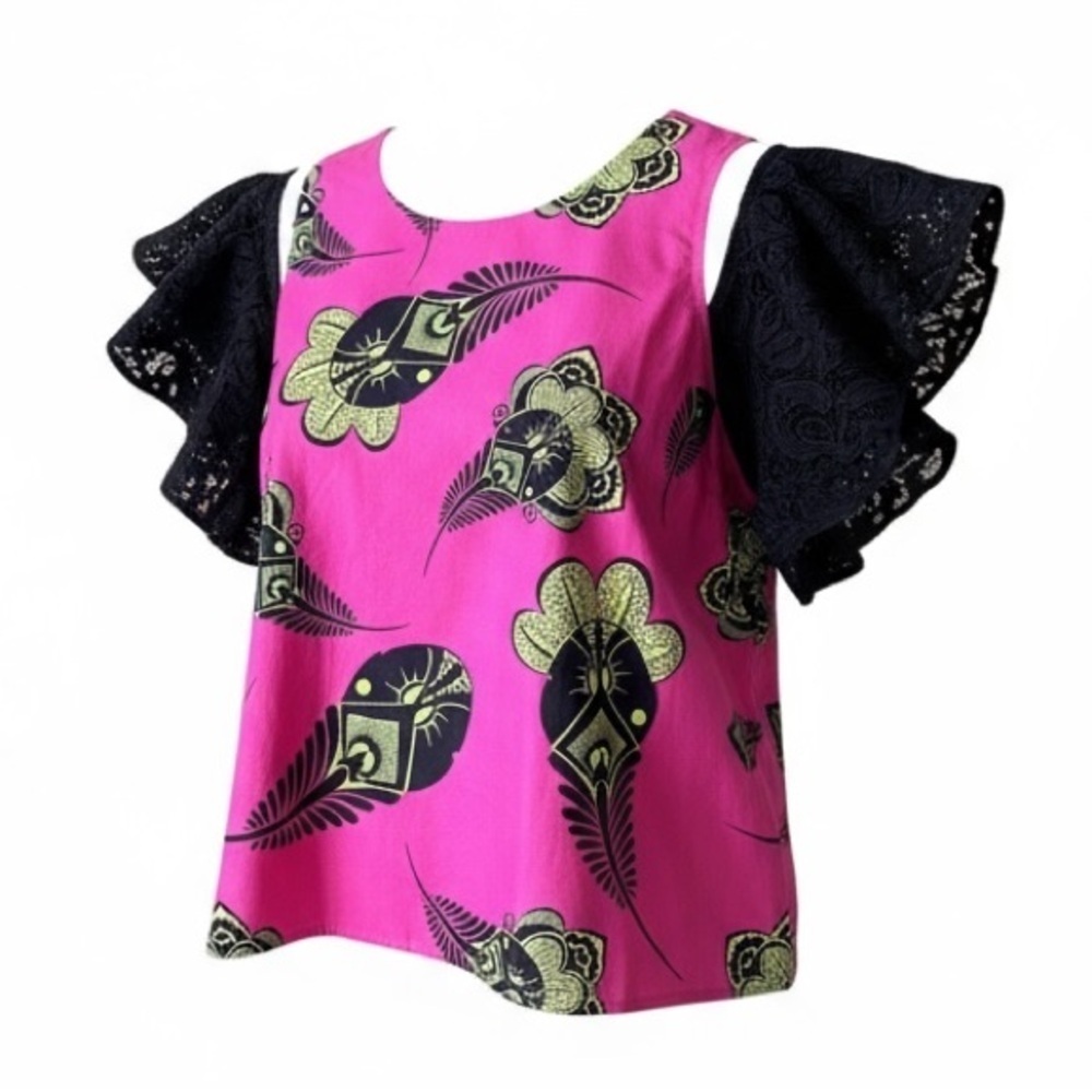 Eloquii Plus Size Pink and Black Floral Cold Shoulder Top